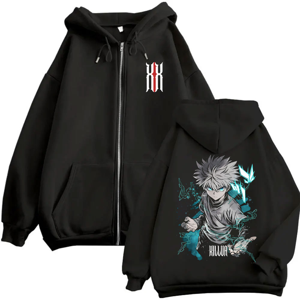 Anime Merch Hoodie - アニメハンター × ハンターキルア・ゾルディックグッズジッパーパーカー男性女性綿カジュアル特大ジップアップジャケット 90 s コスプレストリートウェア