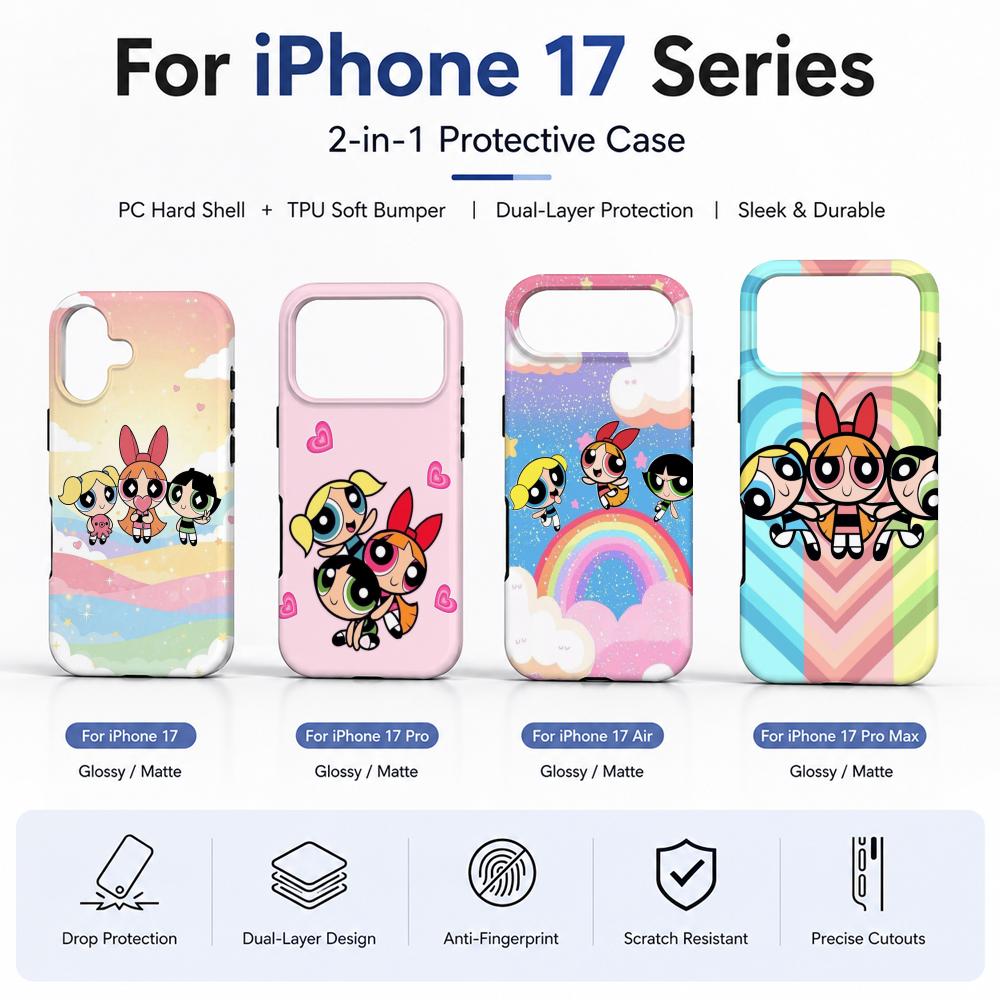 Phone Case Anime - アニメ「パワーパフ・ガールズ」スマホケース フィルム素材 2-in-1 シェル iPhone 17
