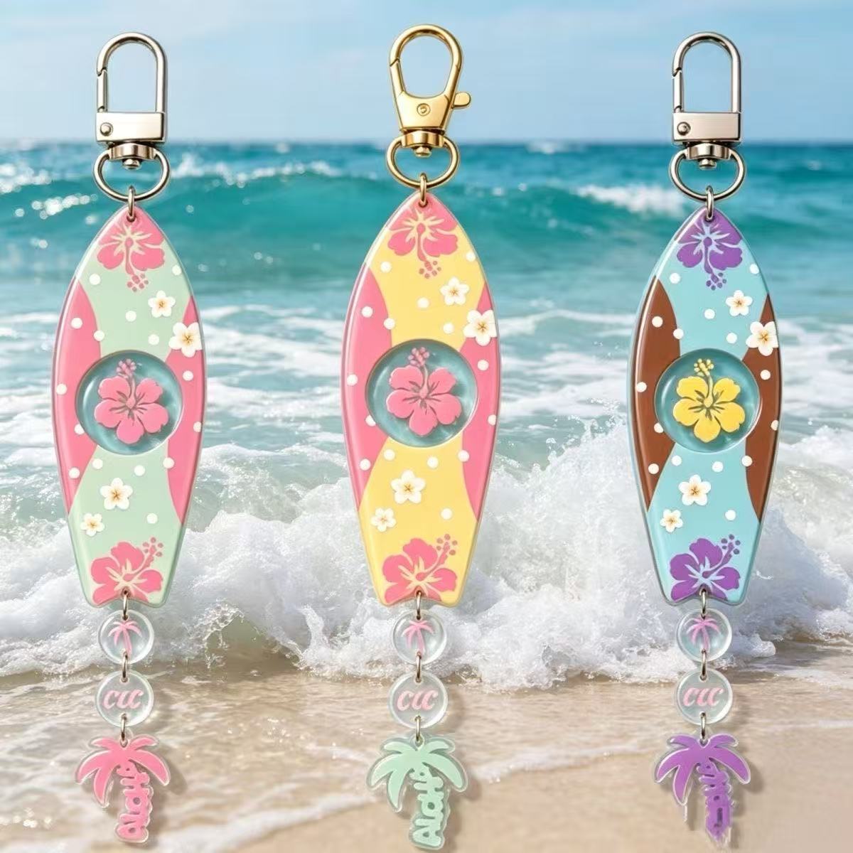Anime Merchandise Keychain - INS ハワイアンサーフボード型アクリルキーホルダーセット ハイビスカスフラワー＆ヤシの木デザインキーホルダー ジュエリー