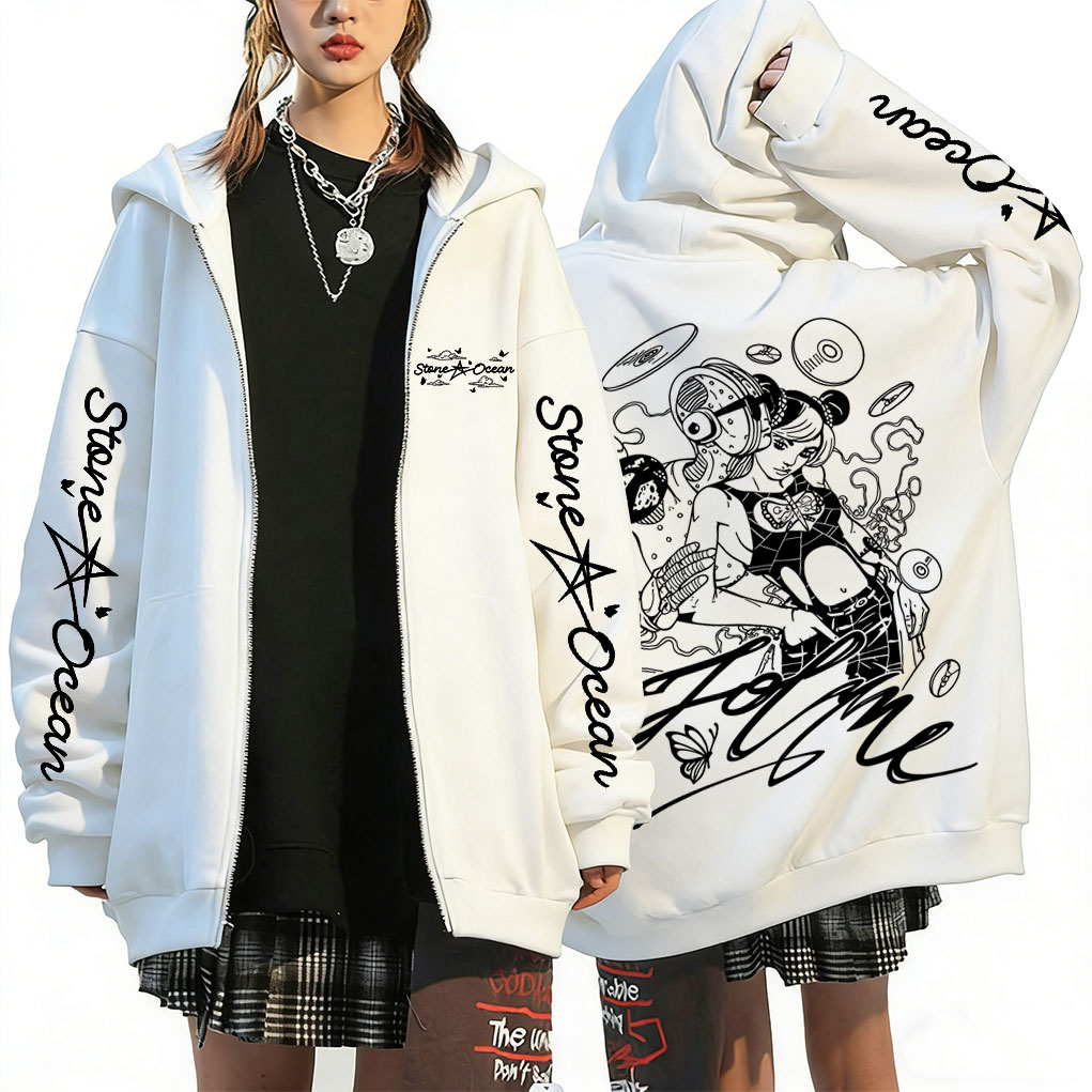 Anime Merch Hoodie - アニメジョジョの奇妙な冒険徐倫クジョグッズジッパーパーカー男性女性漫画ジップアップジャケットコスプレ特大ストリートウェア