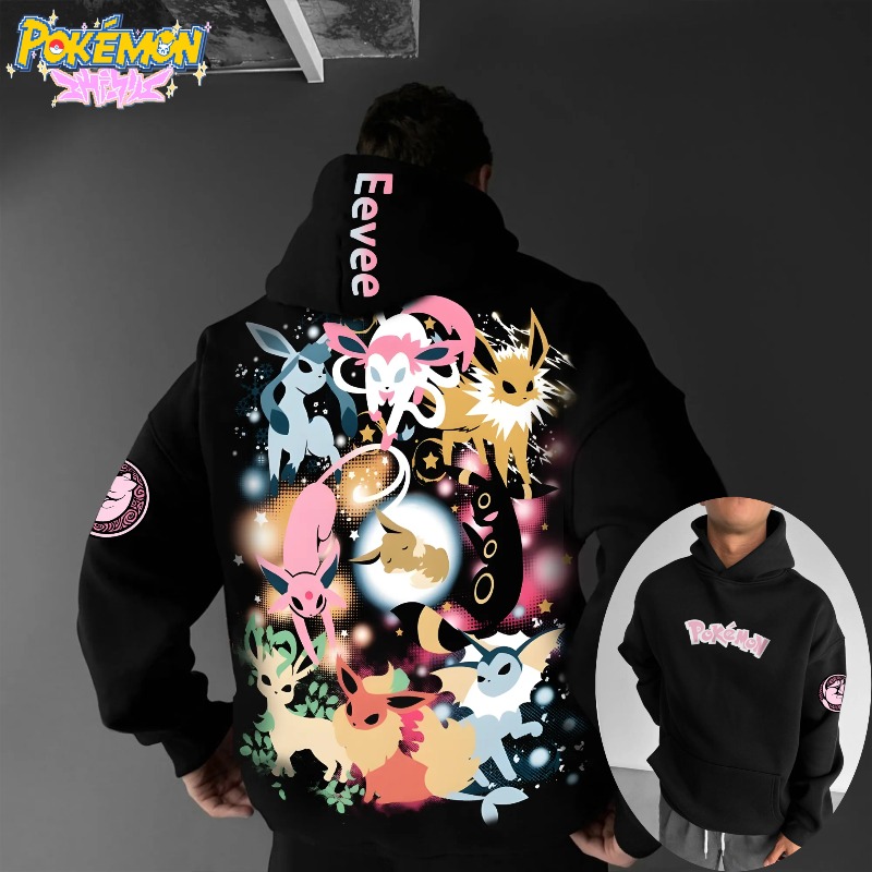 Anime Merch Hoodie - 2025年ポケモンクラシックキャラクターイーブイファミリー柄プリントメンズ＆レディース秋冬厚手ワイドY2Kハロウィンコスプレワイドフーディー